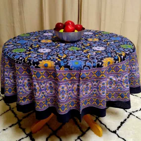 Handmade Sunflower Print 100% Cotton Tablecloth Round 66" Round Purple & Black