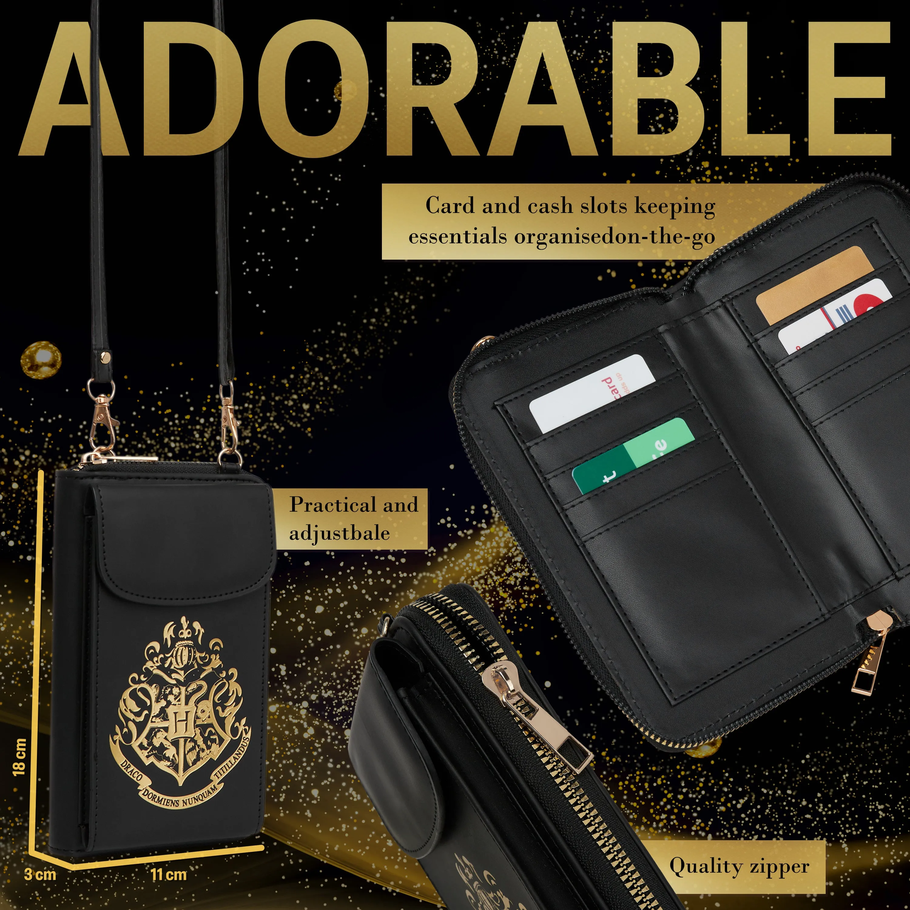 Harry Potter Womens Crossbody Bag, Phone Bag with Card Slots Adjustable Strap