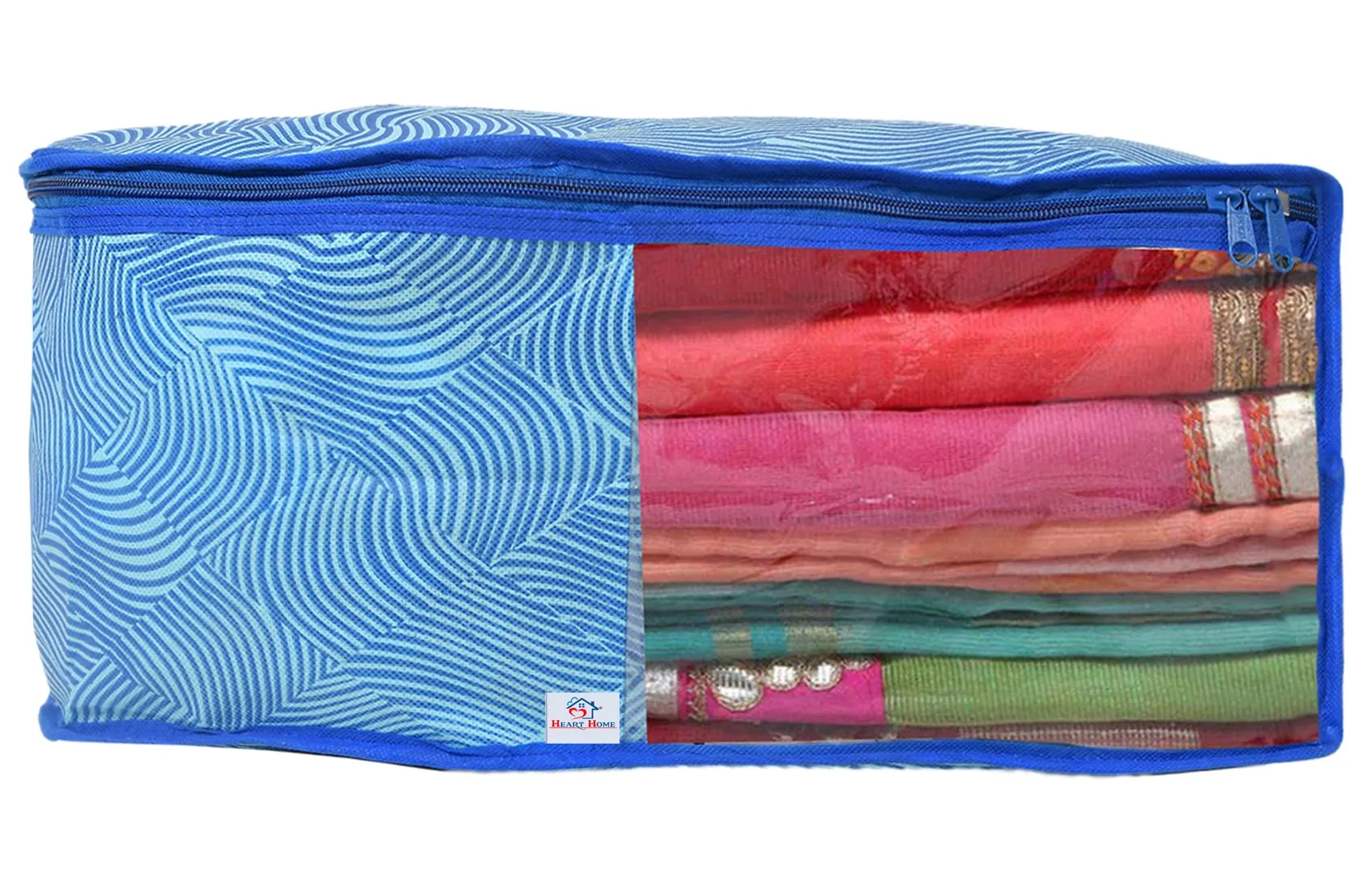 Heart Home Lahariya Printed Non-Woven Blouse Cover Wardrobe Organiser Clothes Storage Bag With Front Window- Pack of 4 (Blue)-44HH0548