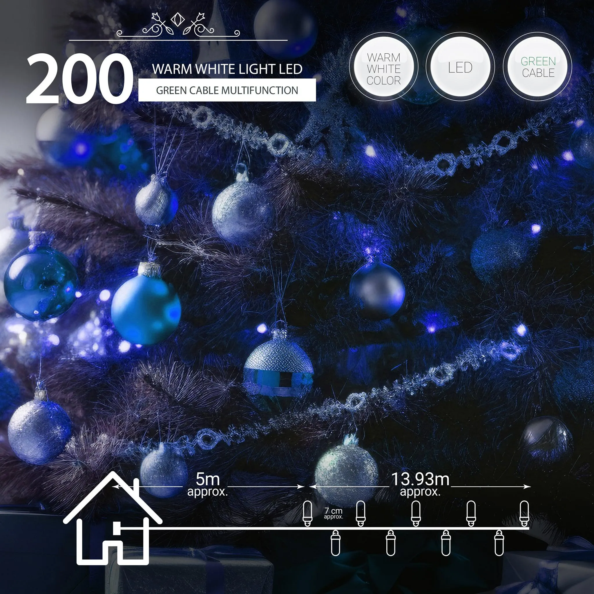 Indoor/Outdoor 8 Function LED Waterproof Fairy Lights with Green Cable (1000 Lights - 35M Cable) - Blue Lights