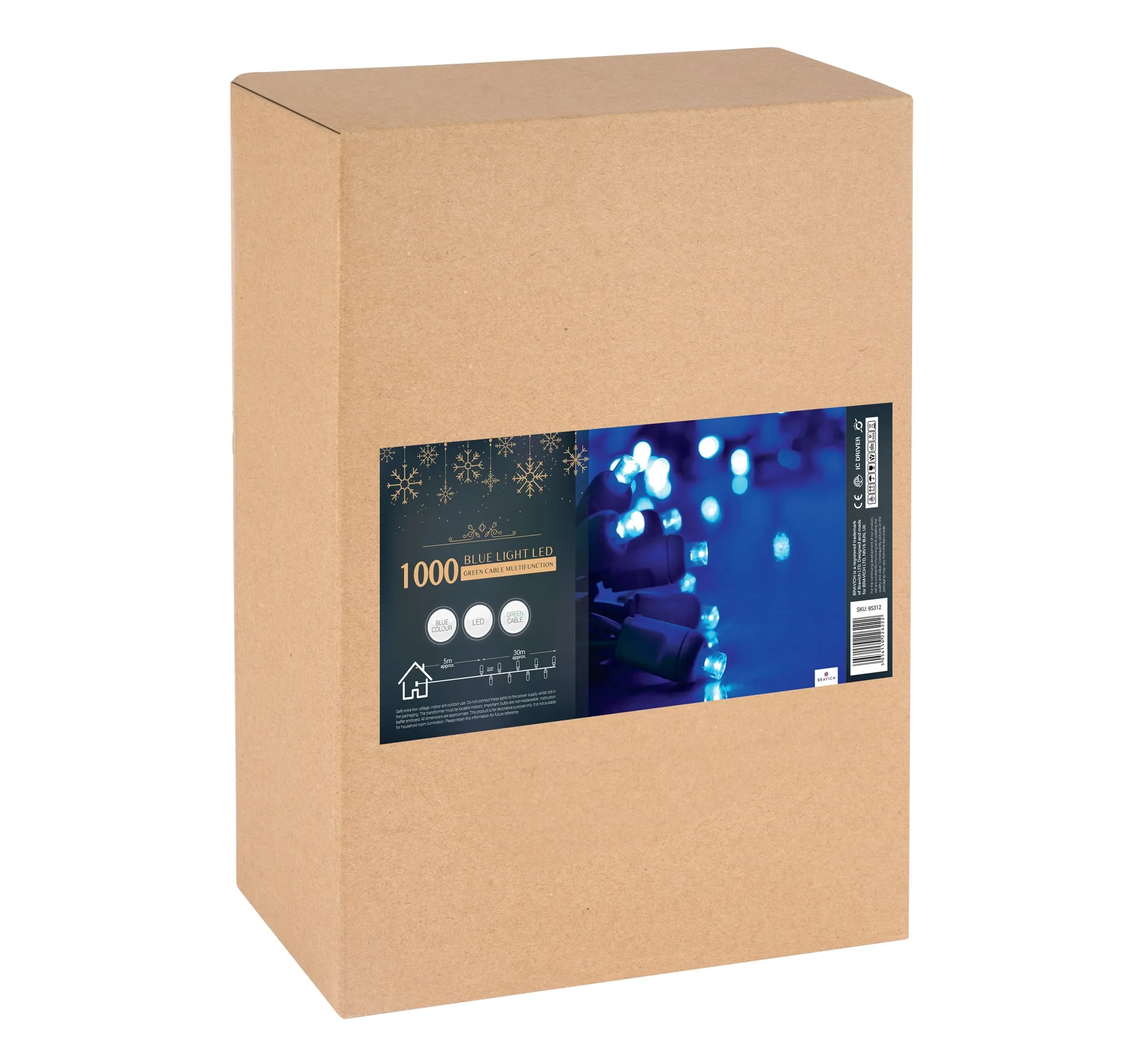 Indoor/Outdoor 8 Function LED Waterproof Fairy Lights with Green Cable (1000 Lights - 35M Cable) - Blue Lights
