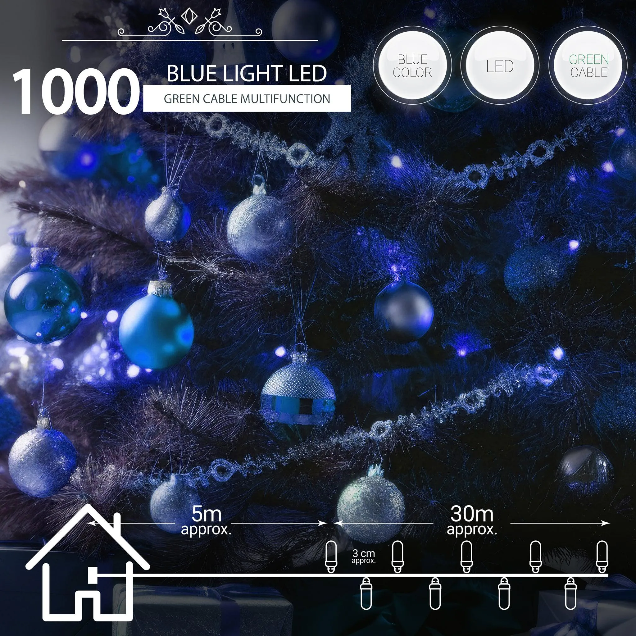 Indoor/Outdoor 8 Function LED Waterproof Fairy Lights with Green Cable (1000 Lights - 35M Cable) - Blue Lights