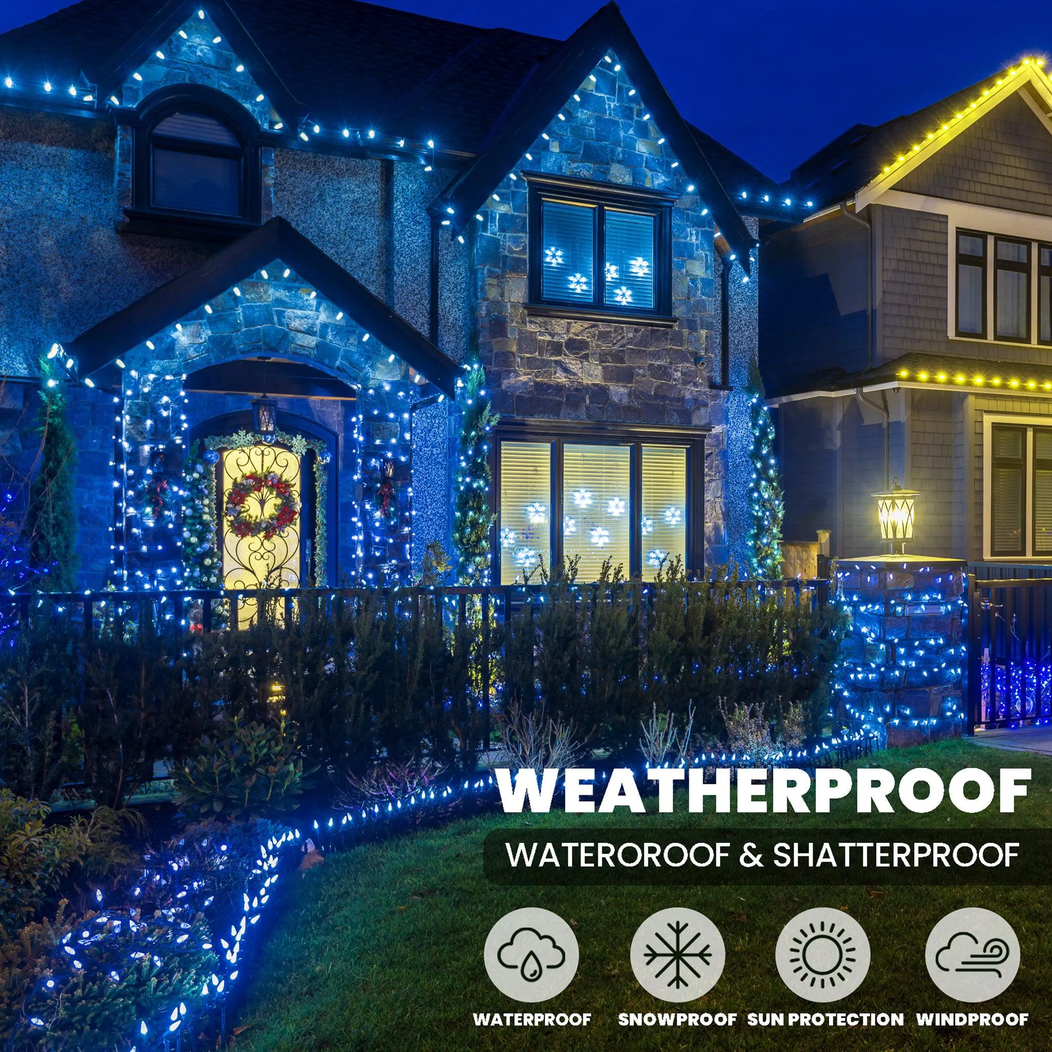 Indoor/Outdoor 8 Function LED Waterproof Fairy Lights with Green Cable (1000 Lights - 35M Cable) - Blue Lights