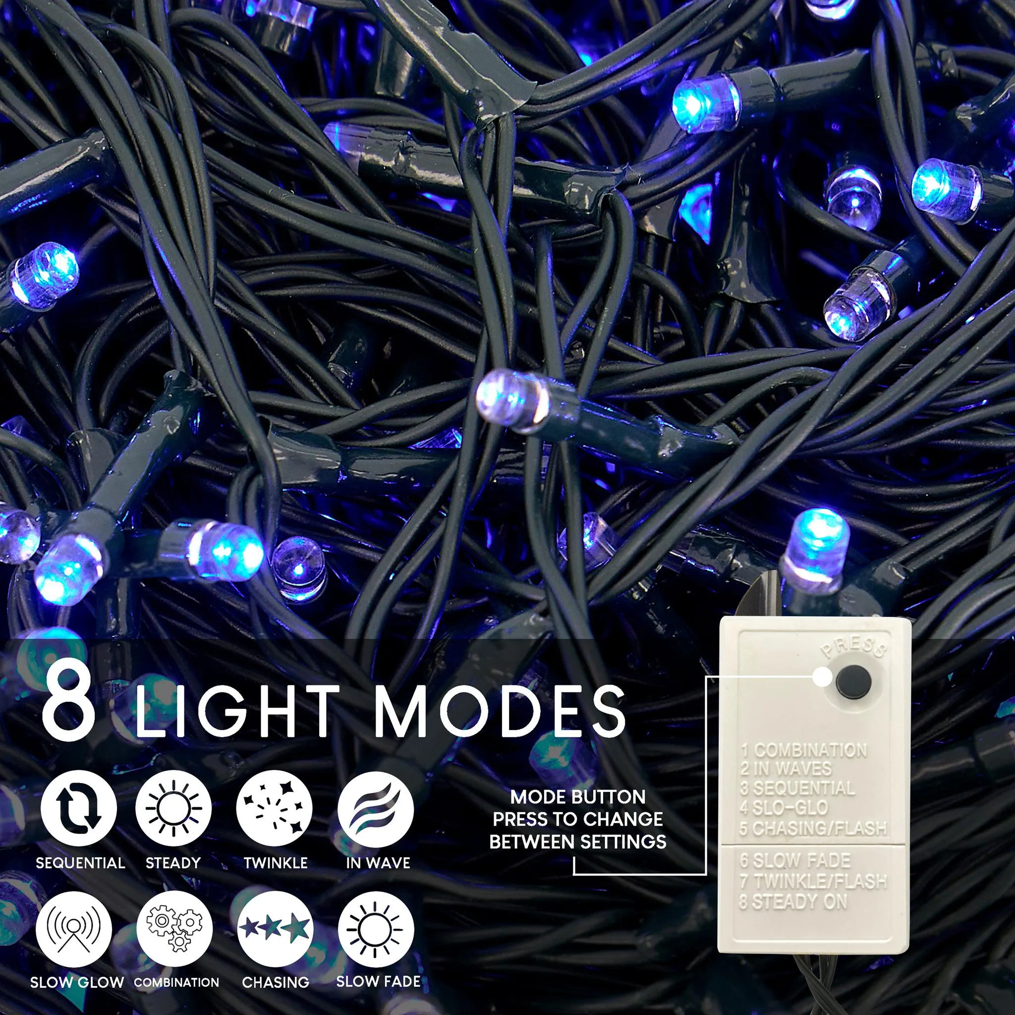 Indoor/Outdoor 8 Function LED Waterproof Fairy Lights with Green Cable (1000 Lights - 35M Cable) - Blue Lights