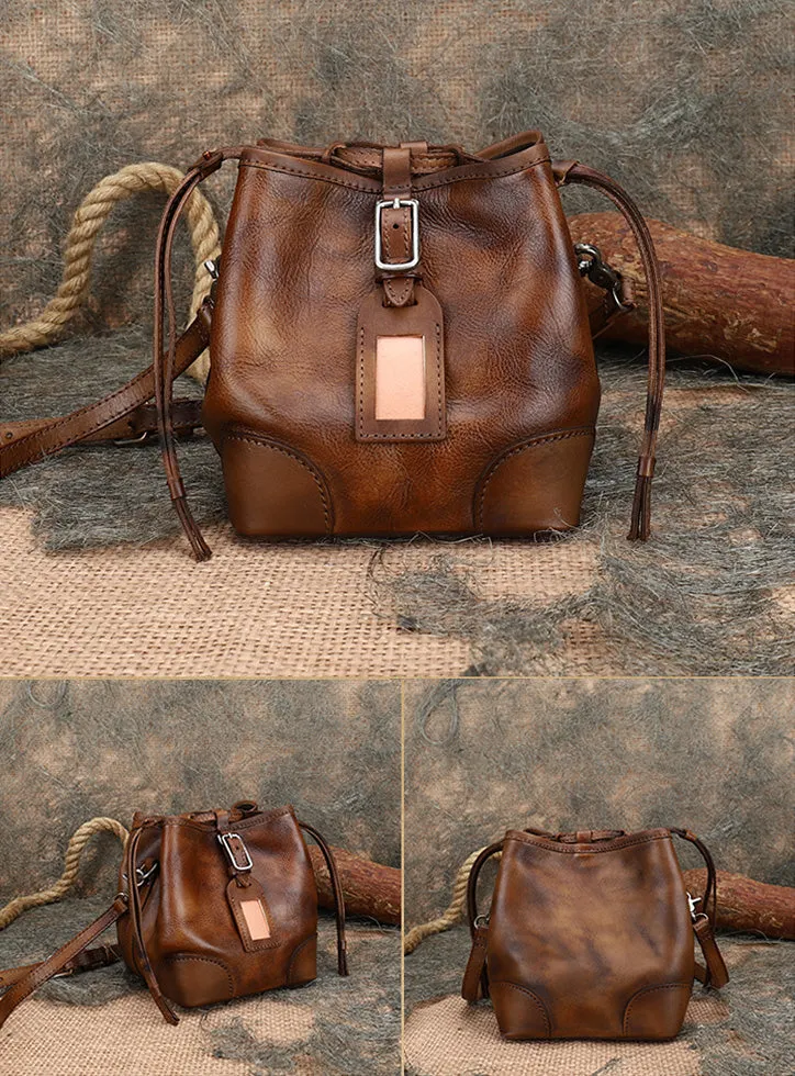 Ladies Genuine Leather Bucket Bags Brown Shoulder Bag