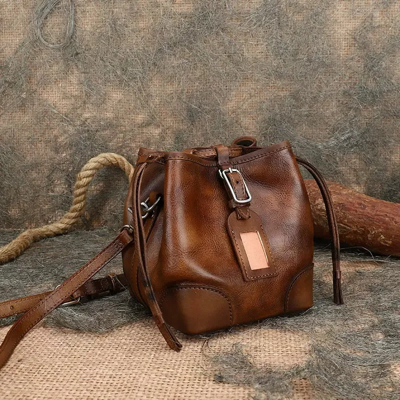 Ladies Genuine Leather Bucket Bags Brown Shoulder Bag