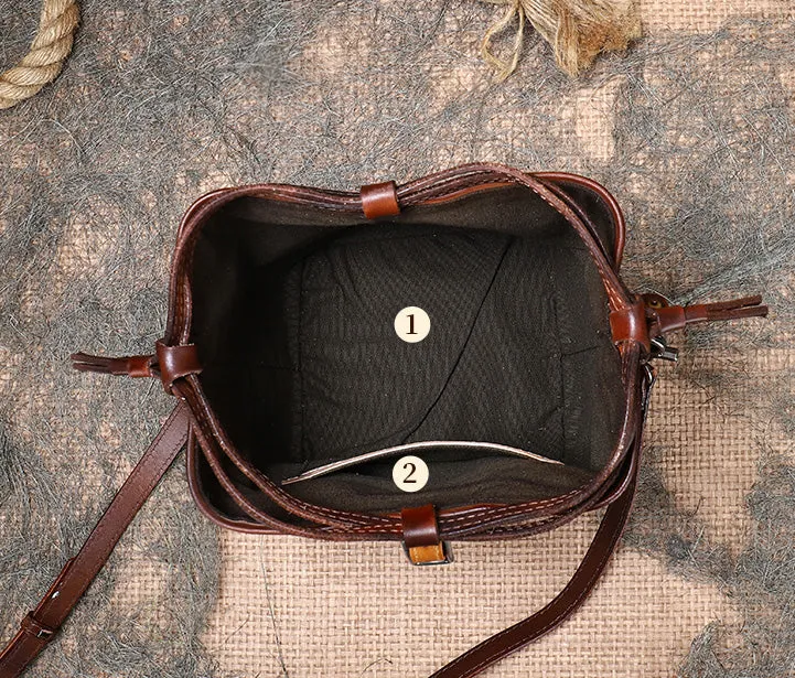 Ladies Genuine Leather Bucket Bags Brown Shoulder Bag