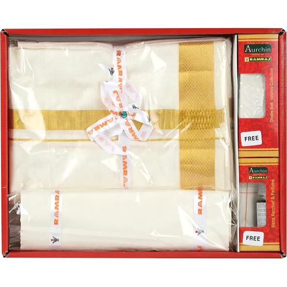Men Pure Silk Cream 1 1/2" inch Jari Dhoti & Shirting Purna Mithra
