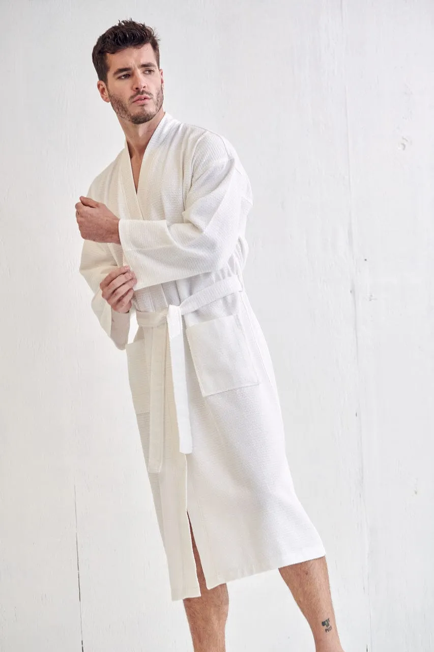 Men's Spa Bathrobe, Luxury & Comfortable Cotton Turkish robe, Breathable & Softness, (White)