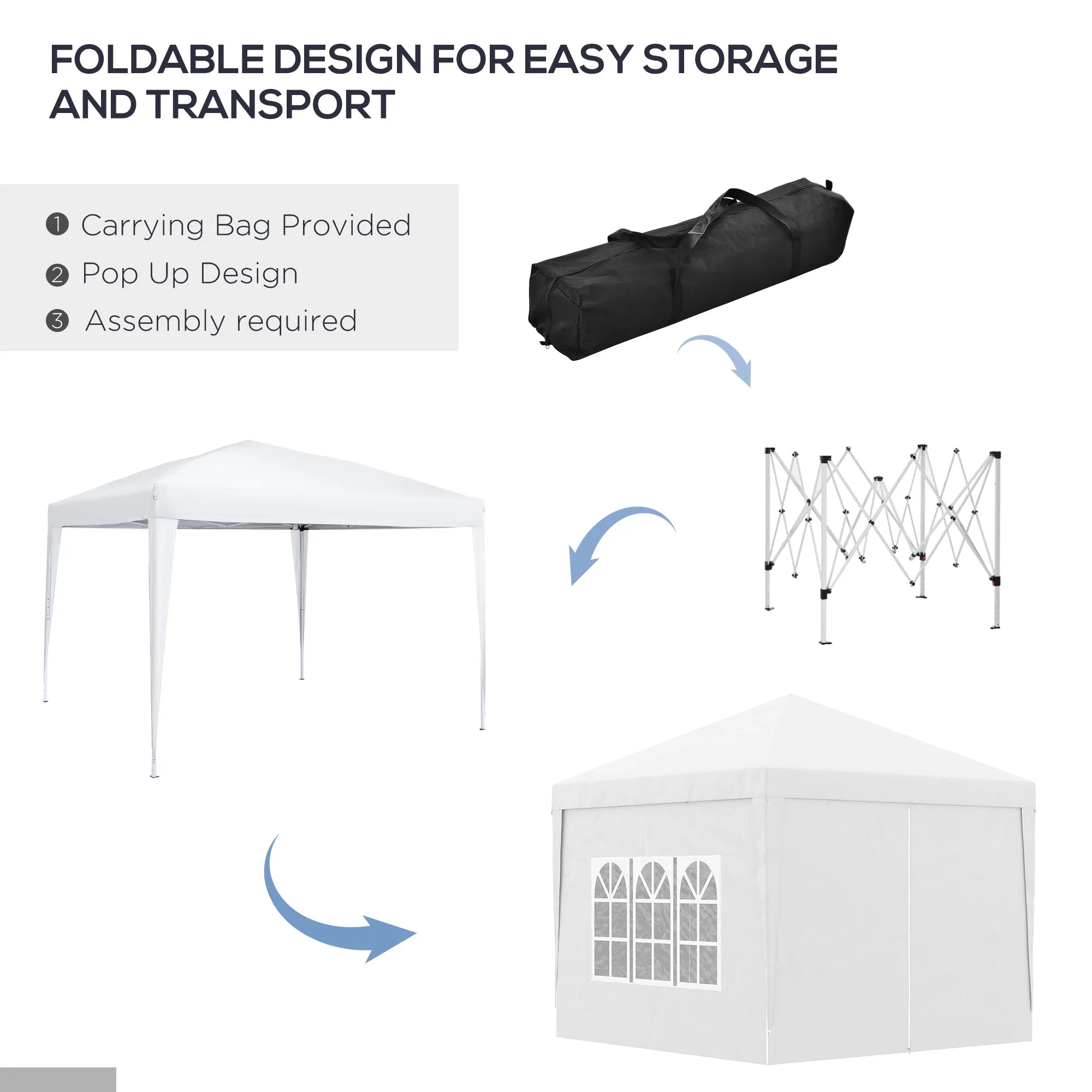 Outsunny 3mx3m Pop Up Gazebo Party Tent Canopy Marquee with Storage Bag White