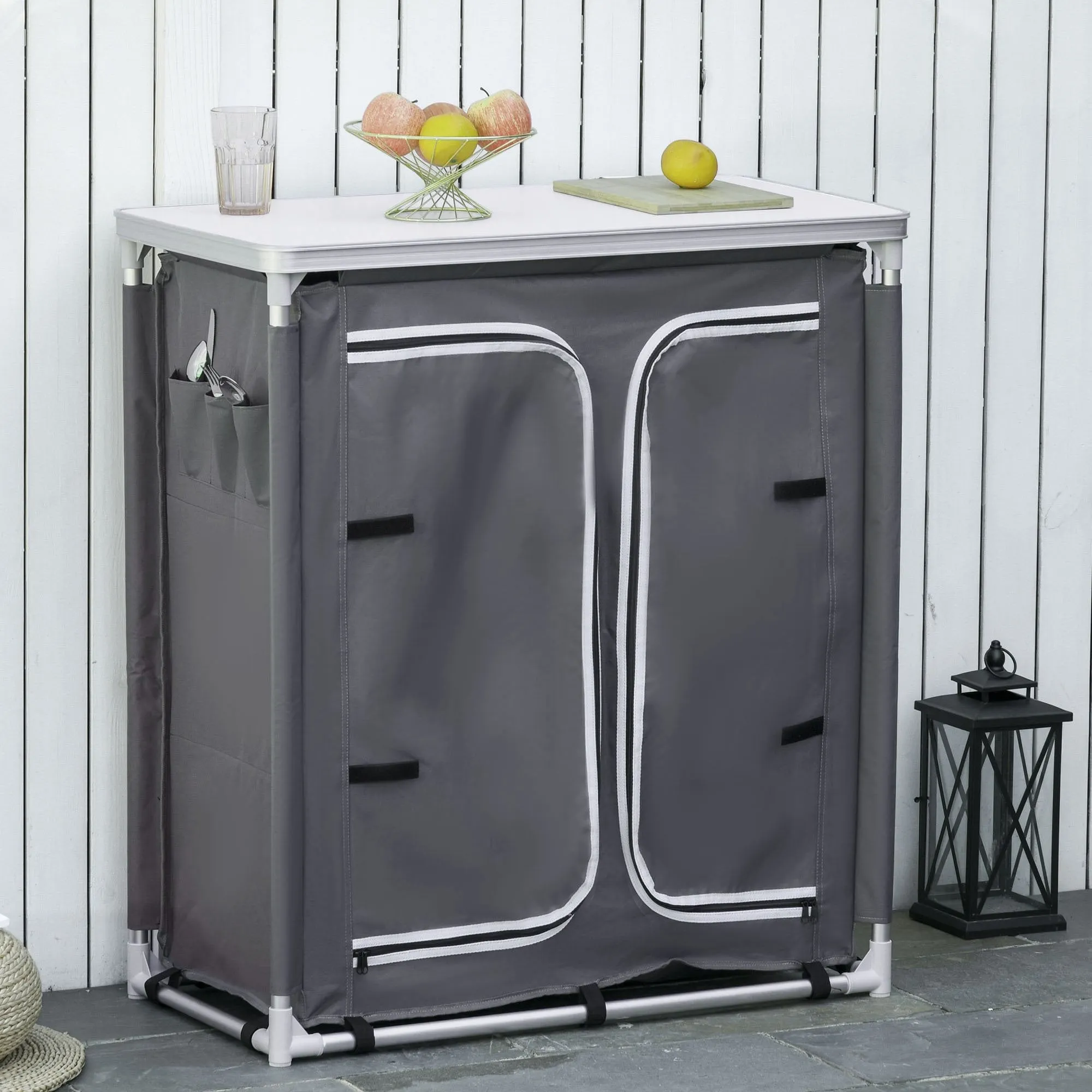 Outsunny Aluminum Camping Cupboard  Kitchen Station Cook Table with 3-Shelf, Storage Organiser for BBQ Party Picnics Backyards with Carrying Bag 3-shelf