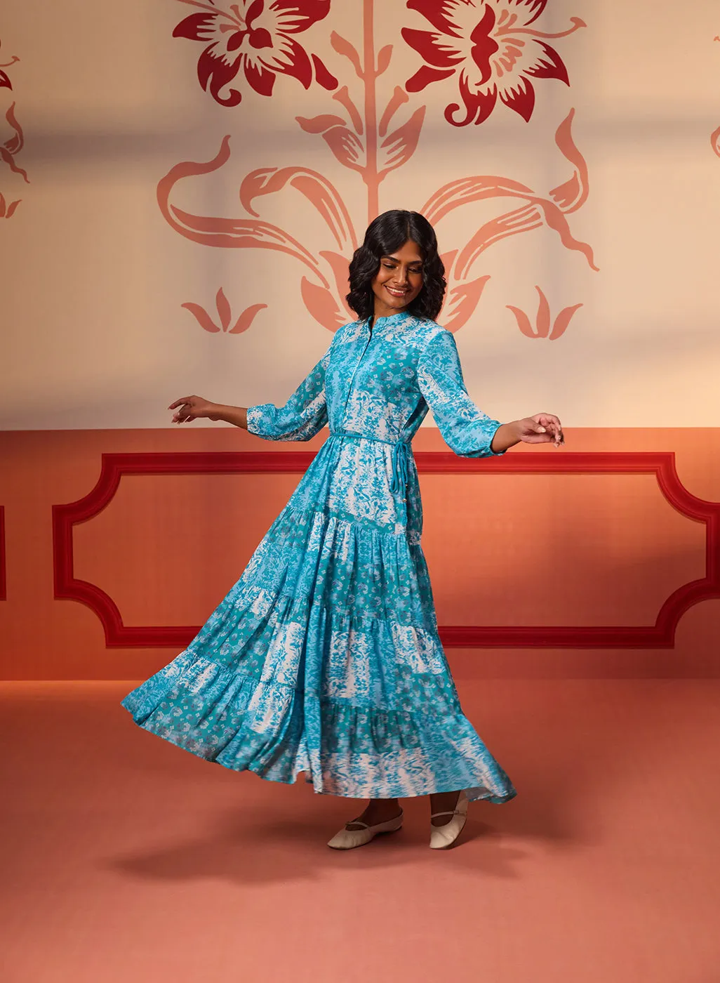 Rinaz Turquoise Printed Viscose Georgette Indo-western Dress for Women