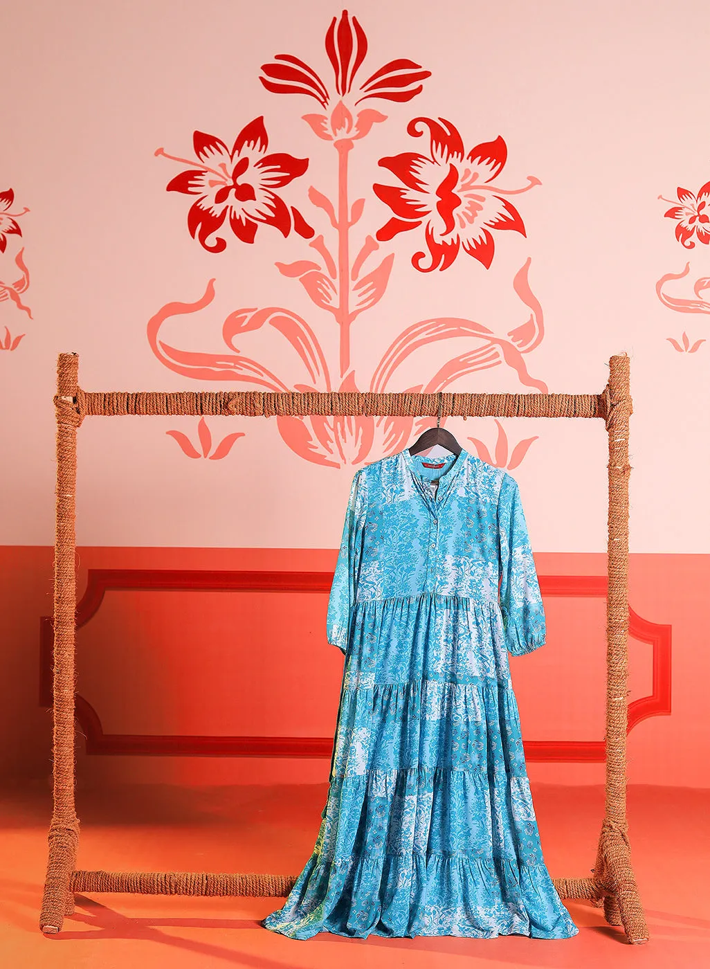 Rinaz Turquoise Printed Viscose Georgette Indo-western Dress for Women
