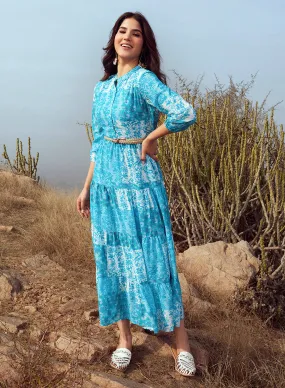 Rinaz Turquoise Printed Viscose Georgette Indo-western Dress for Women