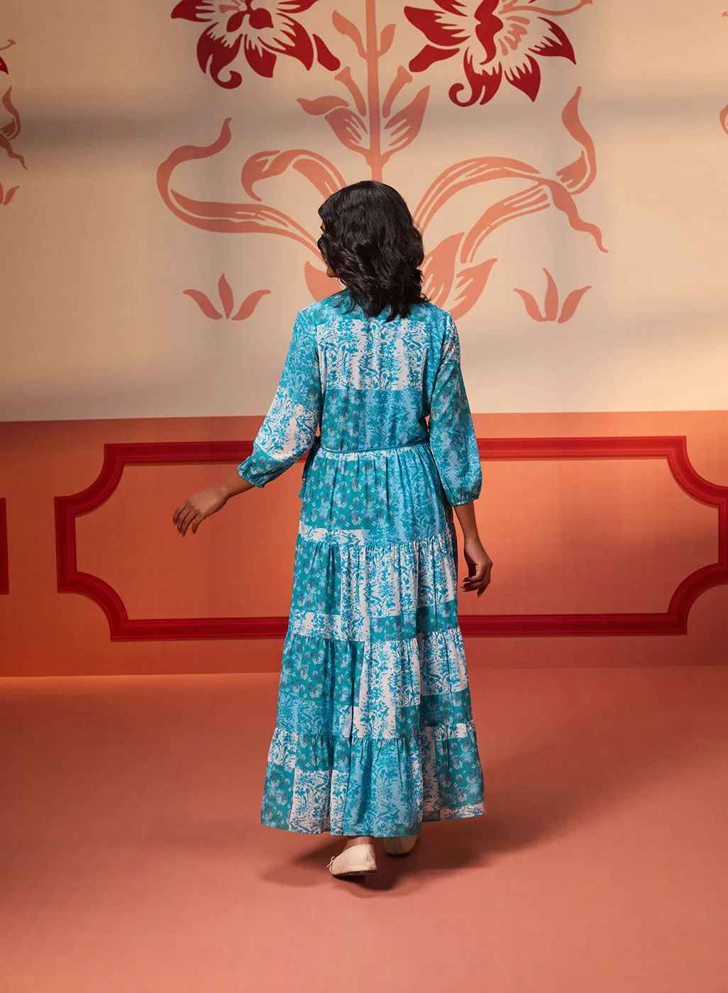 Rinaz Turquoise Printed Viscose Georgette Indo-western Dress for Women
