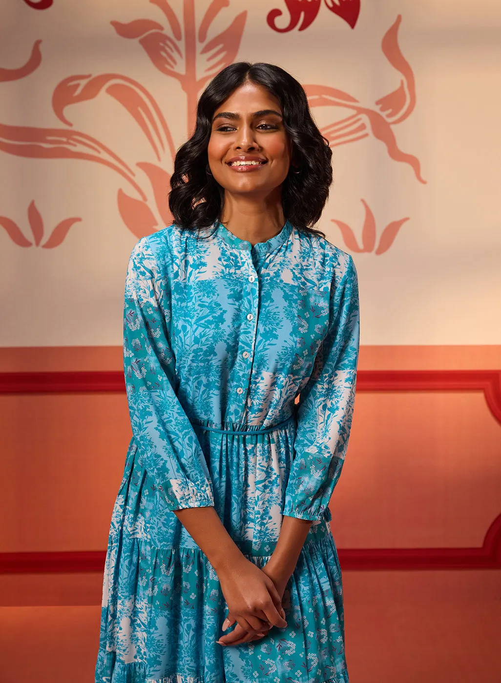 Rinaz Turquoise Printed Viscose Georgette Indo-western Dress for Women