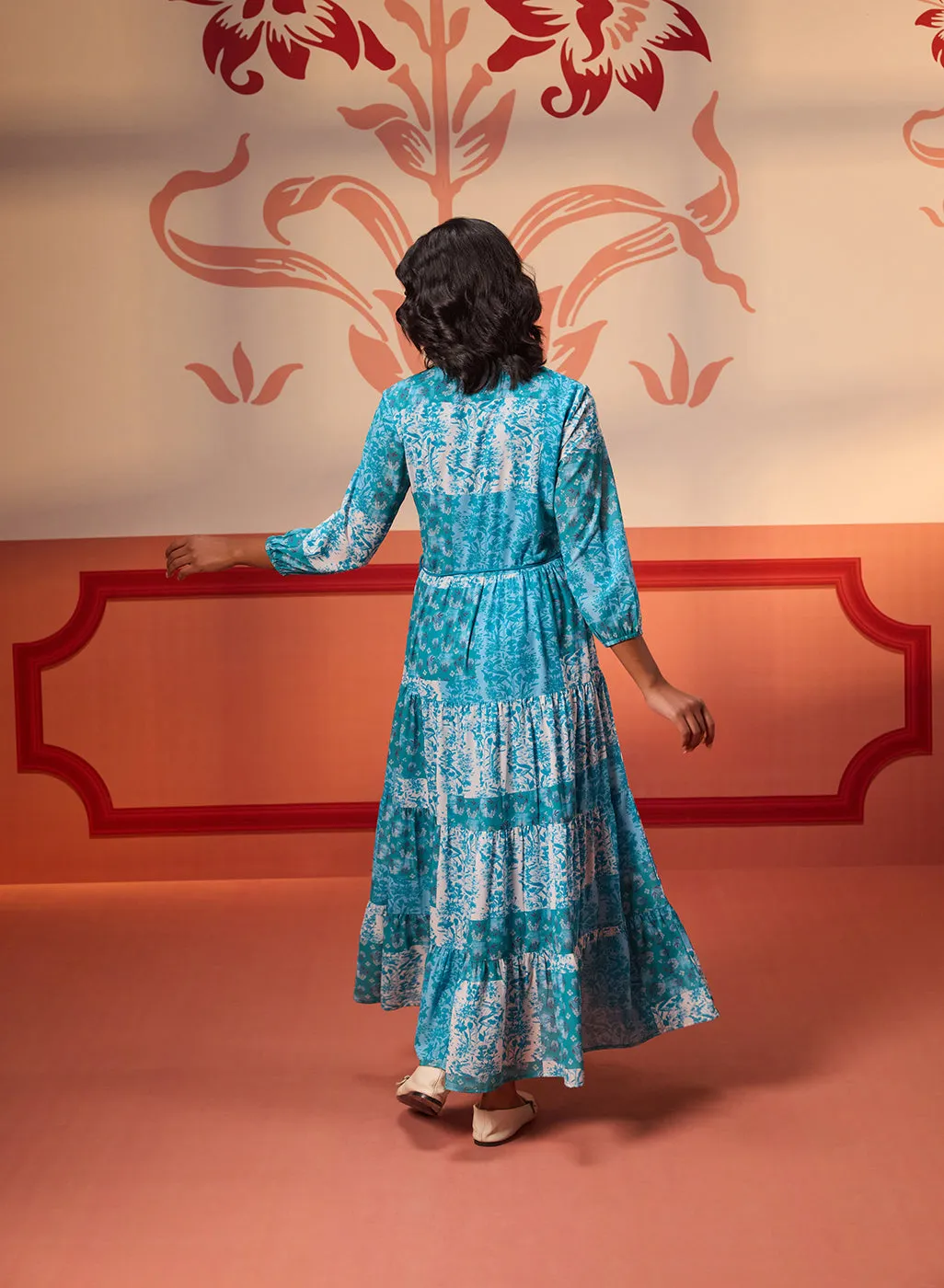 Rinaz Turquoise Printed Viscose Georgette Indo-western Dress for Women