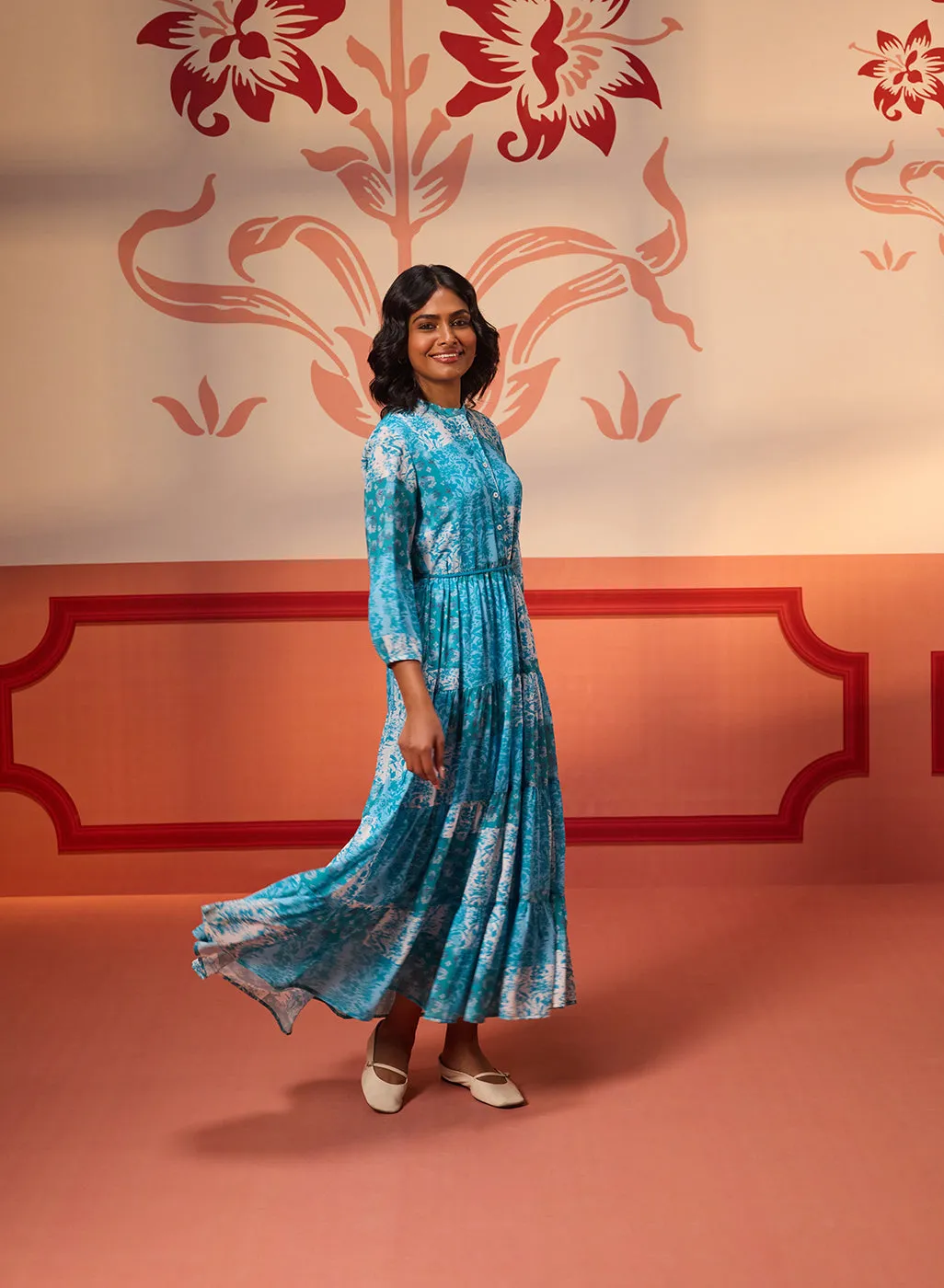 Rinaz Turquoise Printed Viscose Georgette Indo-western Dress for Women
