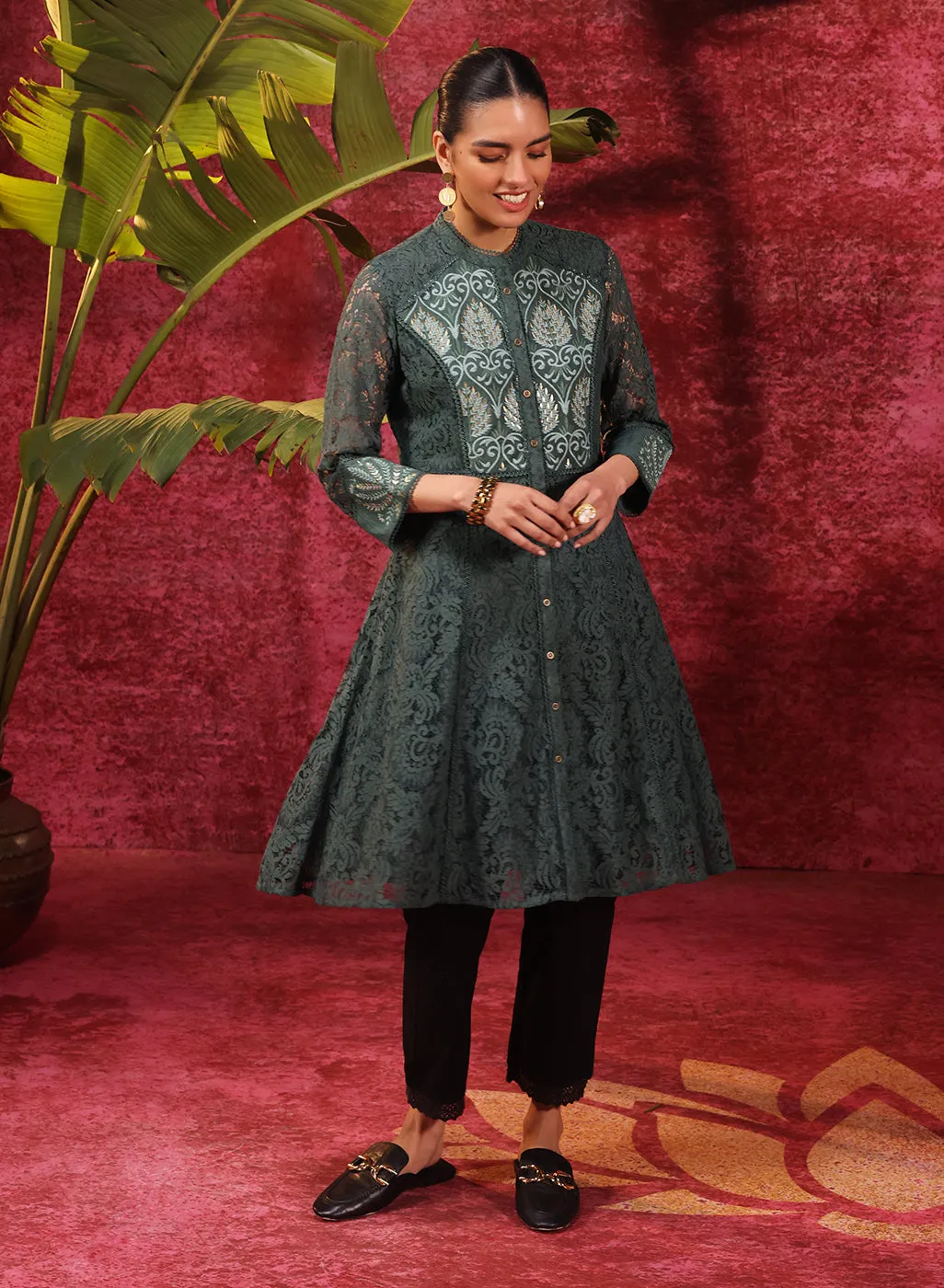 Sitara Forest Green Embroidered Raschel Net Designer Kurta