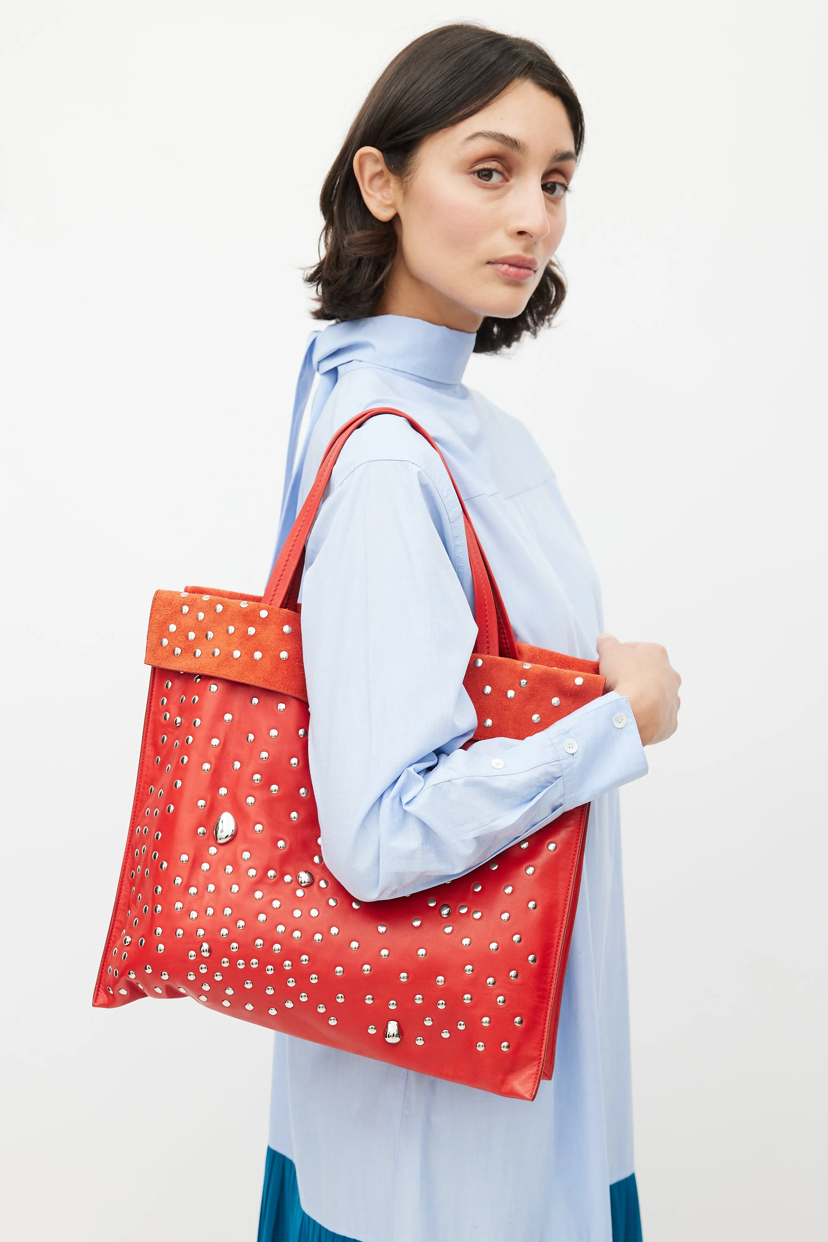 SS 2017 Red & Silver Studded Cabas Tote Bag