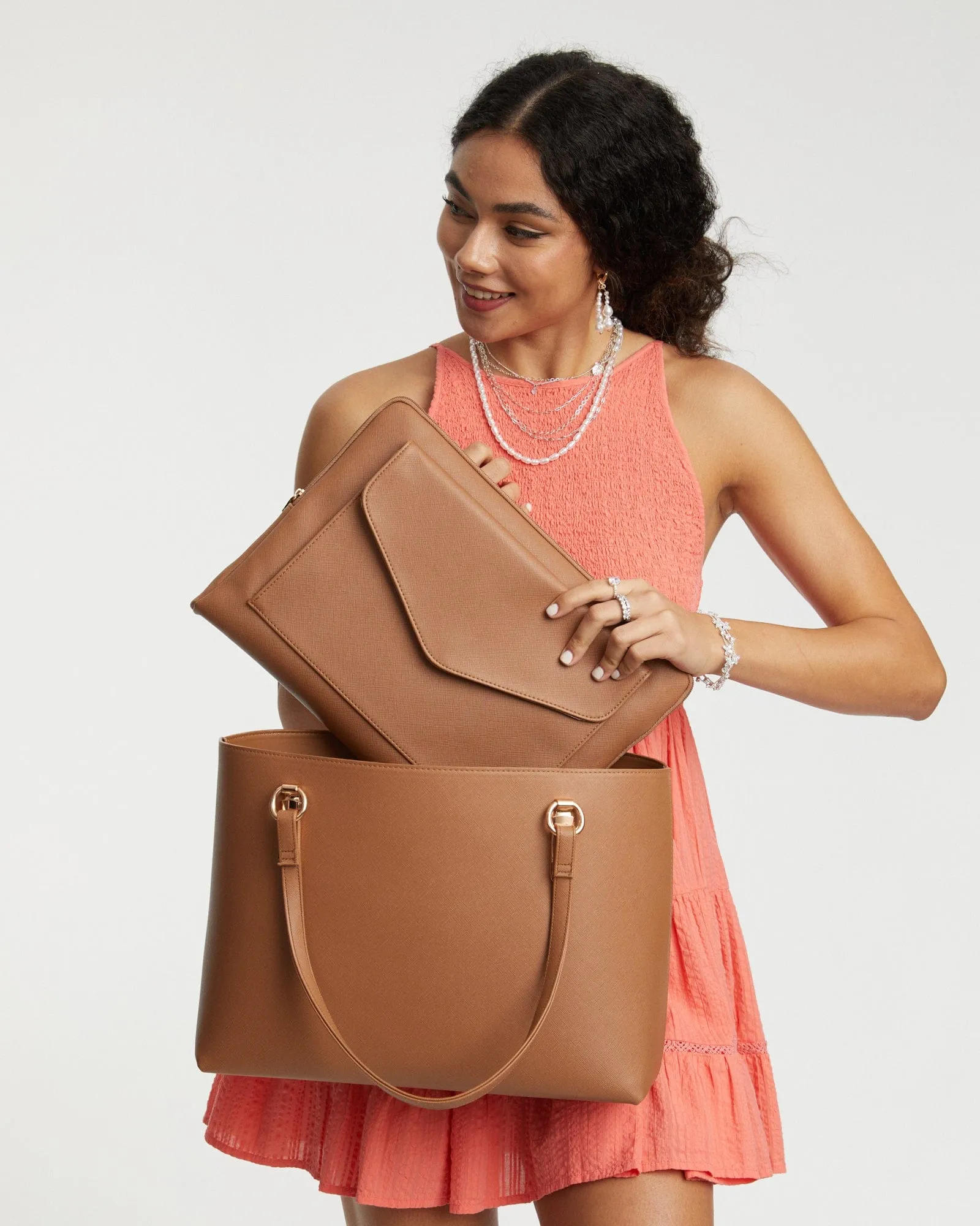 Tan Angelina Tote Bag With Gold Hardware