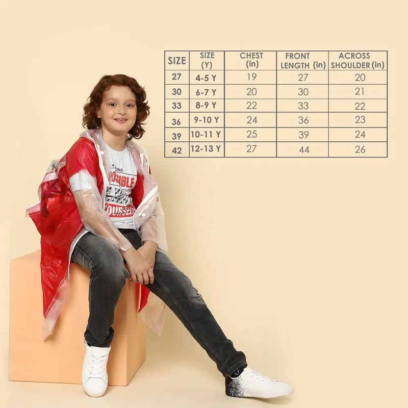 THE CLOWNFISH Laurel Series Kids Waterproof PVC Longcoat with Adjustable Hood & Extra Space for Backpack/Schoolbag Holding. Printed Plastic Pouch. Kid Age-8-9 years (Size-33-Red)