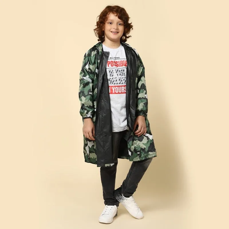 THE CLOWNFISH Laurel Series Kids Waterproof PVC Longcoat with Adjustable Hood & Extra Space for Backpack/Schoolbag Holding. Printed Plastic Pouch. Kid Age-8-9 years (Size-33-Red)