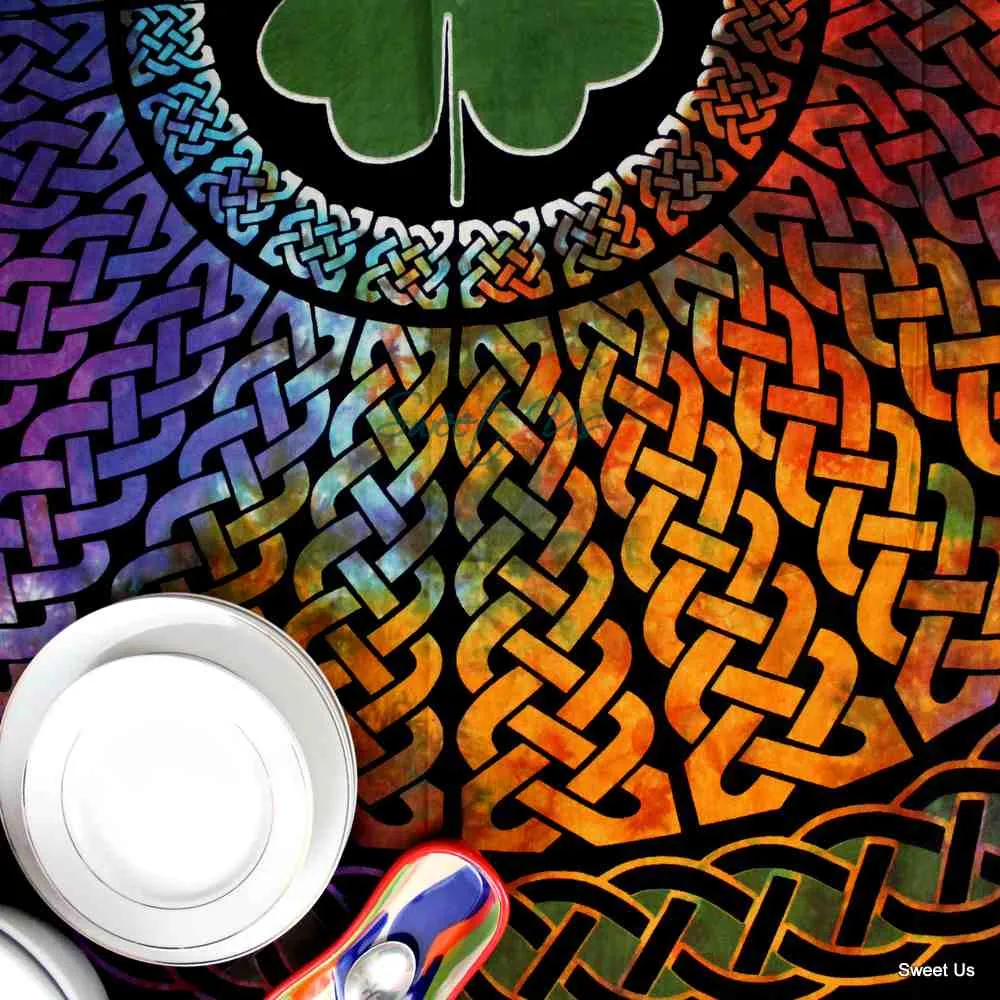 Tie-Dye Cotton Celtic Lucky Clover Tablecloth Rectangle, Round Multicolor Linen