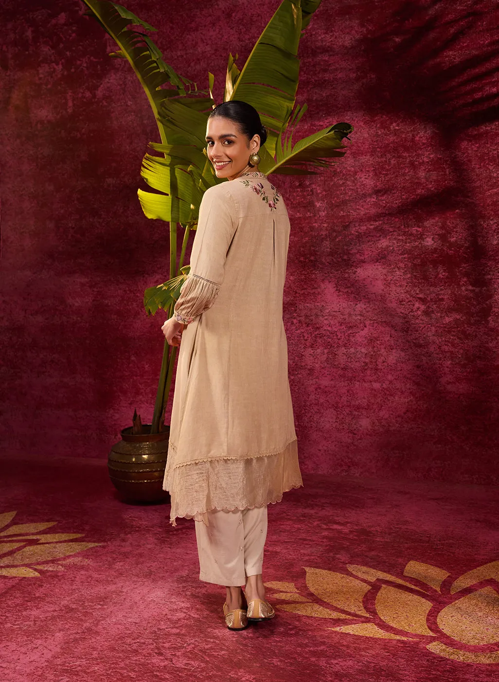 Utsav Beige Embroidered Viscose Linen Kurta for Women
