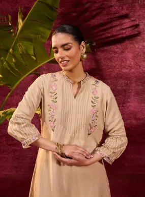 Utsav Beige Embroidered Viscose Linen Kurta for Women