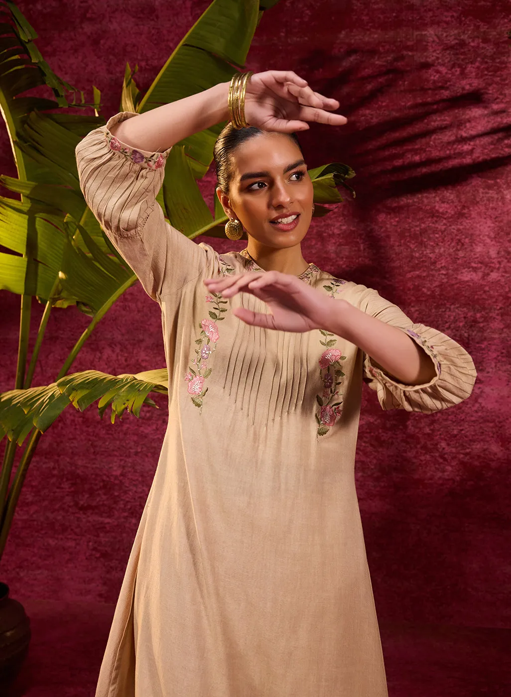Utsav Beige Embroidered Viscose Linen Kurta for Women