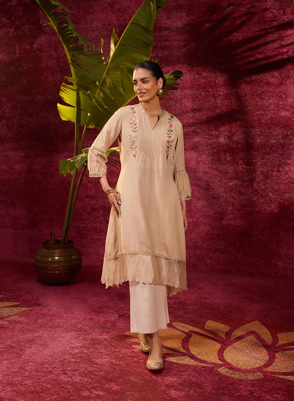 Utsav Beige Embroidered Viscose Linen Kurta for Women
