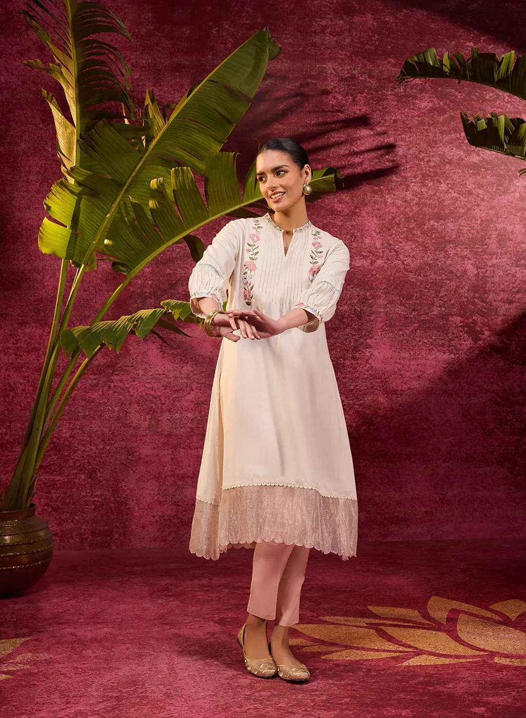 Utsav Ivory Embroidered Viscose Linen Kurta for Women