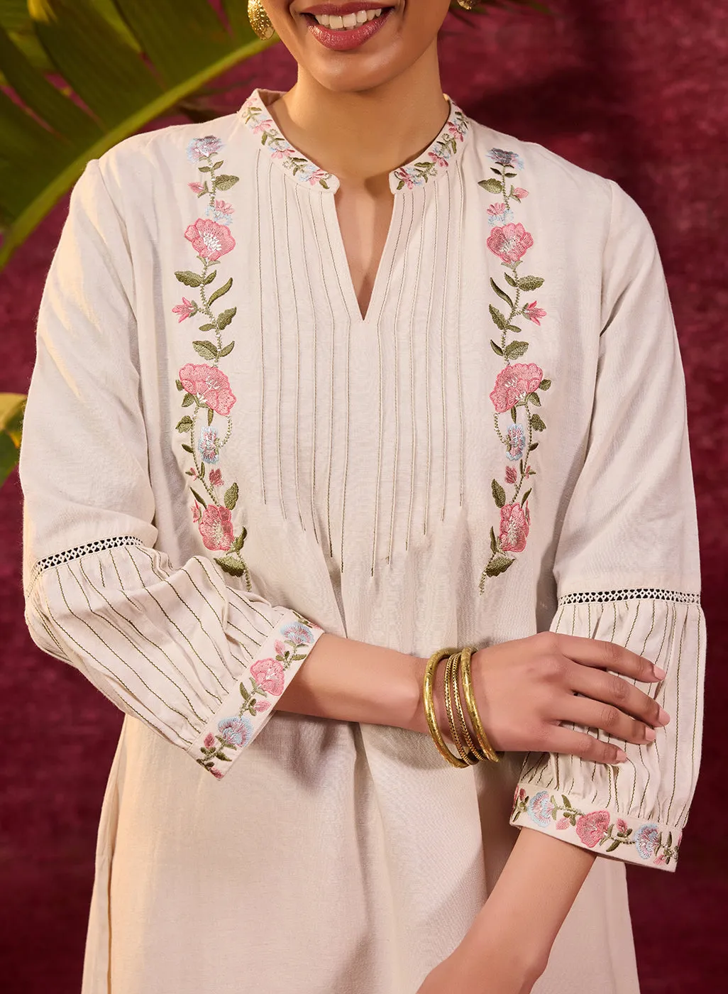 Utsav Ivory Embroidered Viscose Linen Kurta for Women