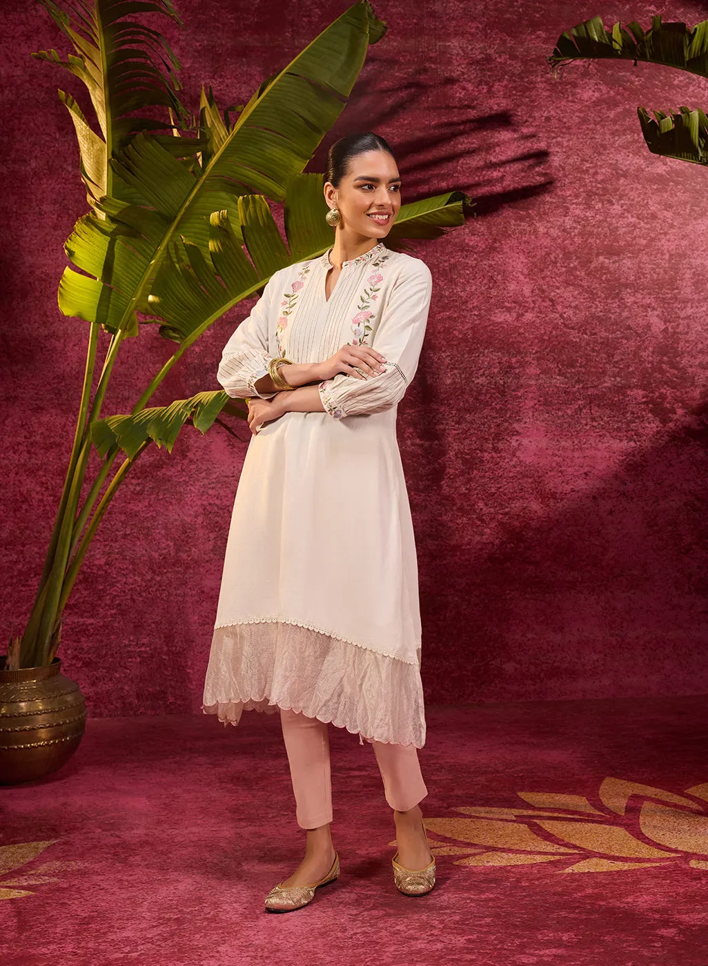 Utsav Ivory Embroidered Viscose Linen Kurta for Women