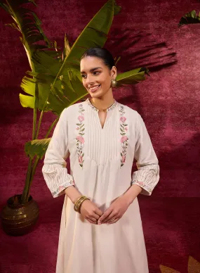 Utsav Ivory Embroidered Viscose Linen Kurta for Women