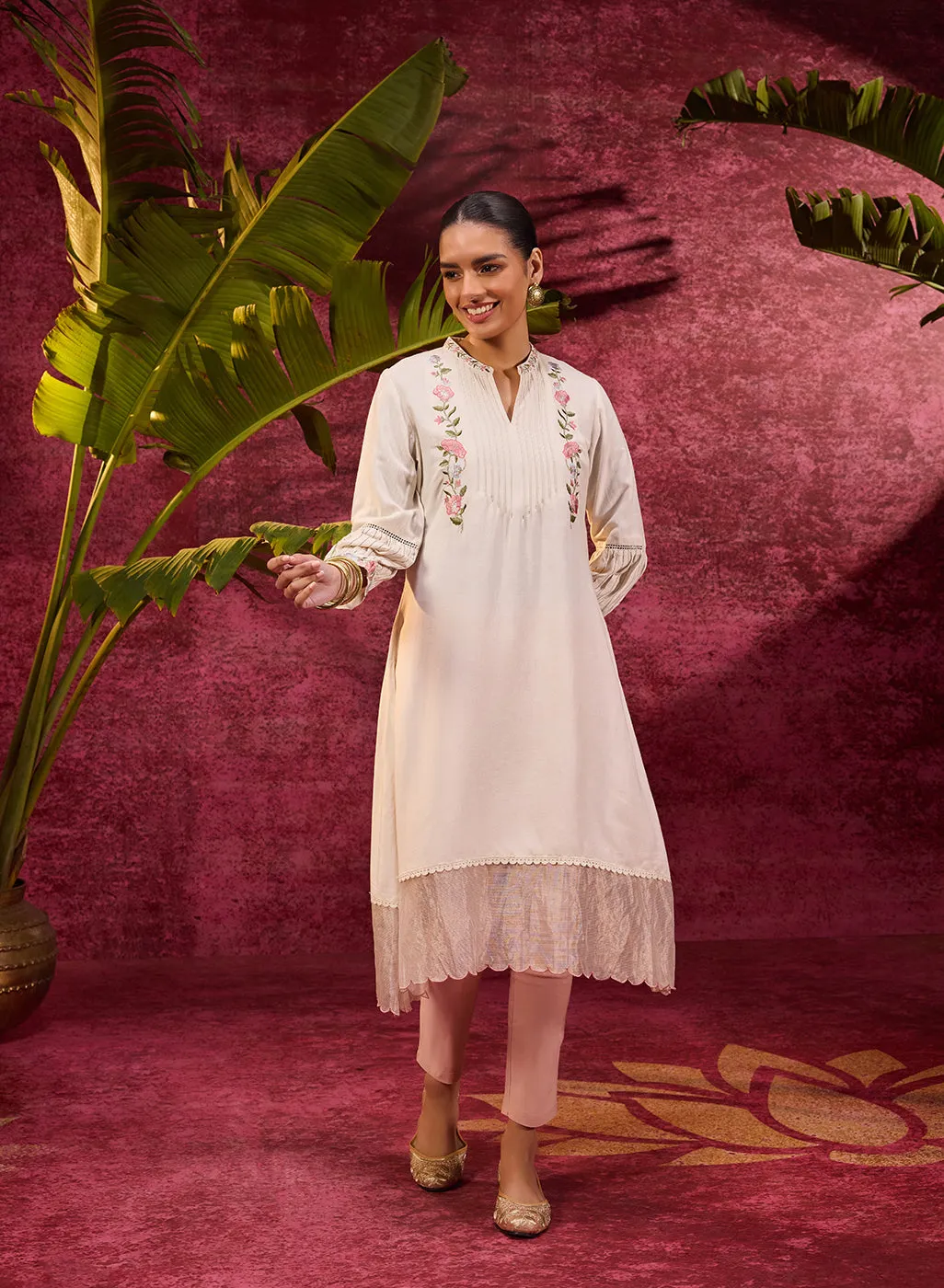 Utsav Ivory Embroidered Viscose Linen Kurta for Women