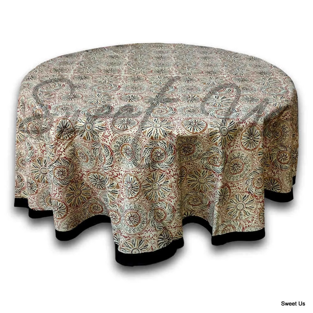 Vegetable Dye Block Print Tablecloth Rectangle, Round, Square, Cotton Linen Tan