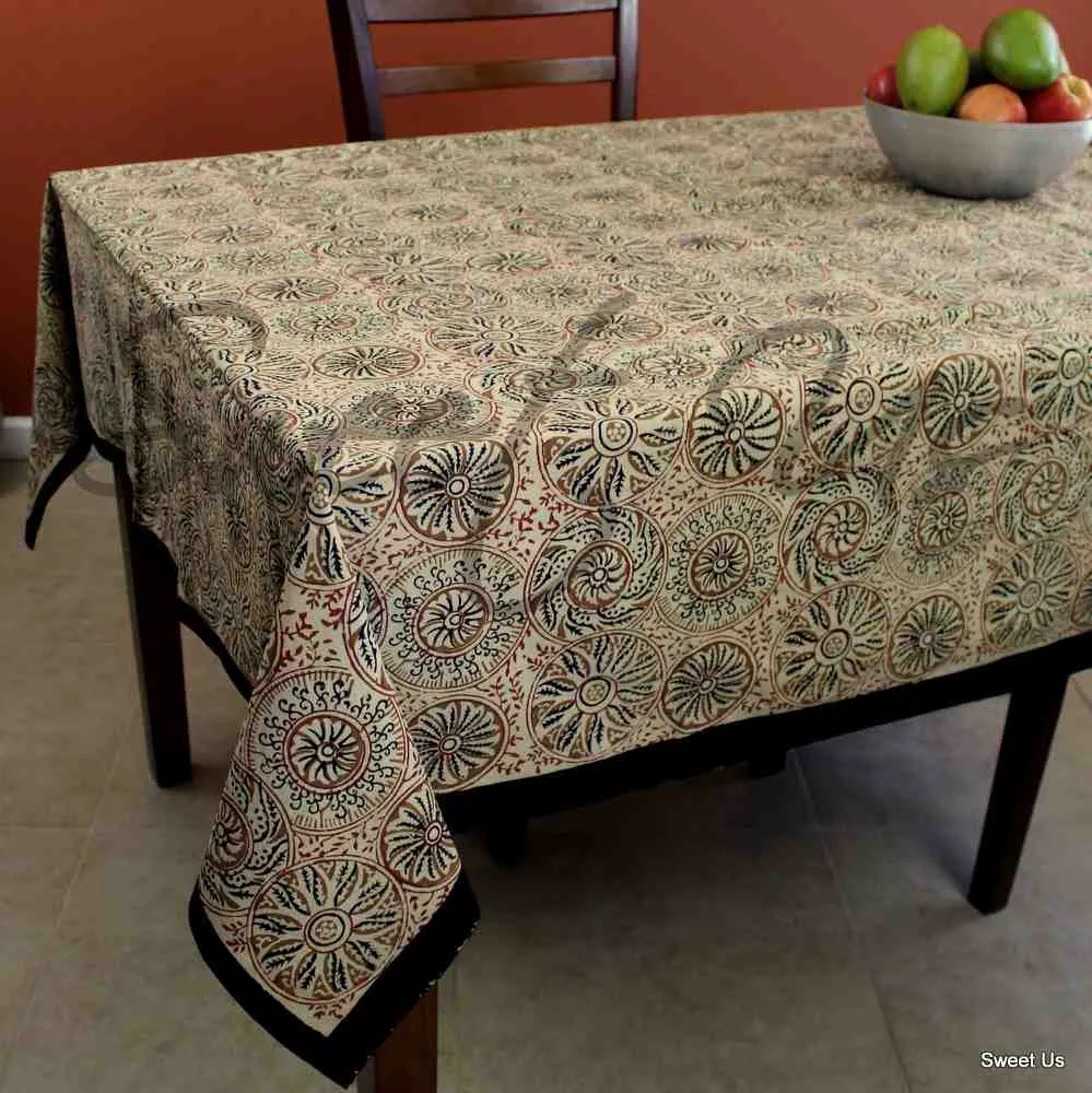 Vegetable Dye Block Print Tablecloth Rectangle, Round, Square, Cotton Linen Tan