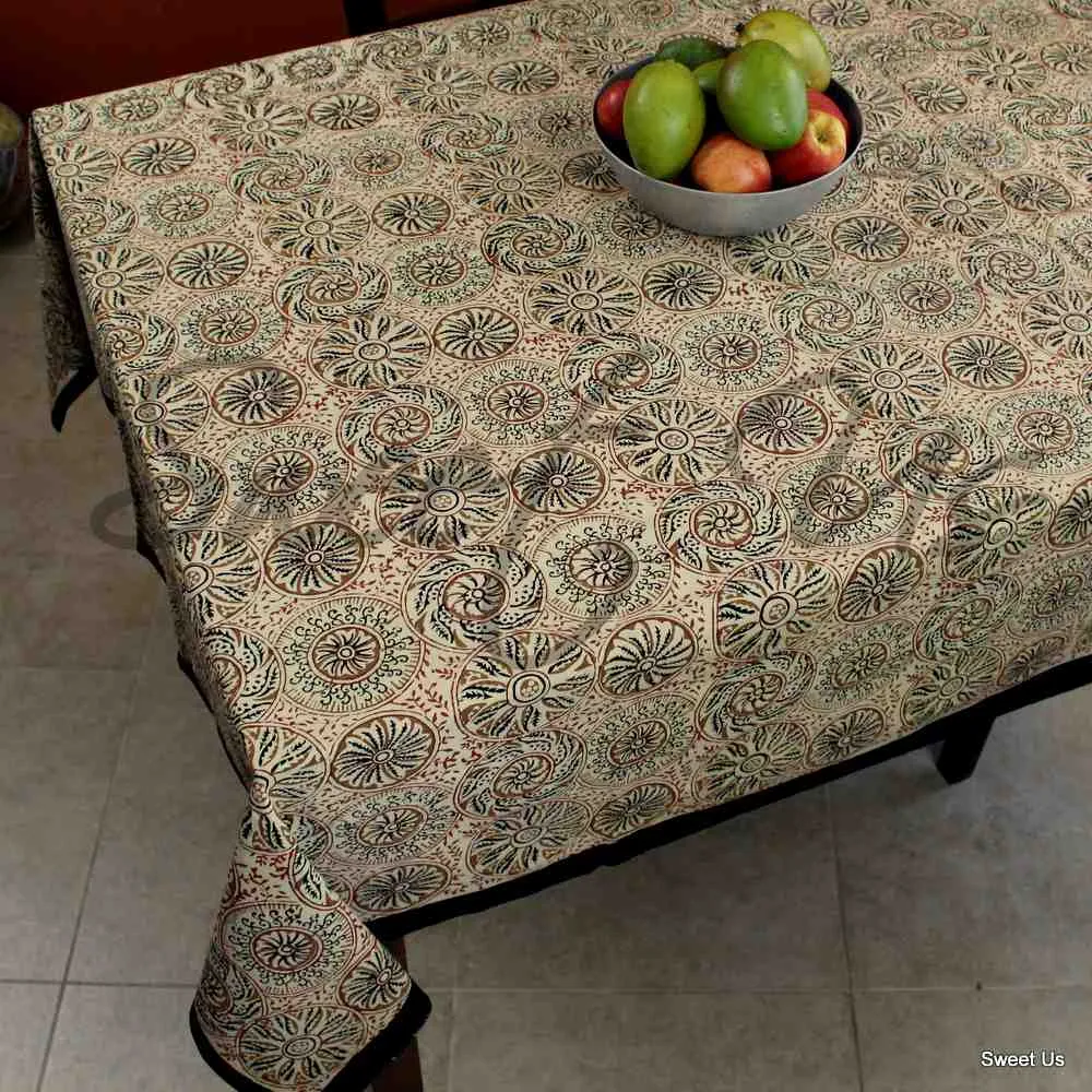 Vegetable Dye Block Print Tablecloth Rectangle, Round, Square, Cotton Linen Tan