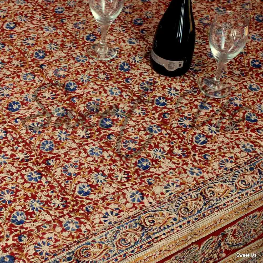Vegetable Dye Hand Block Print Floral Cotton Round Tablecloth 60x90 60x60 Red