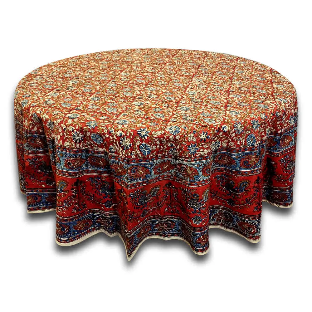 Vegetable Dye Hand Block Print Floral Cotton Round Tablecloth 60x90 60x60 Red