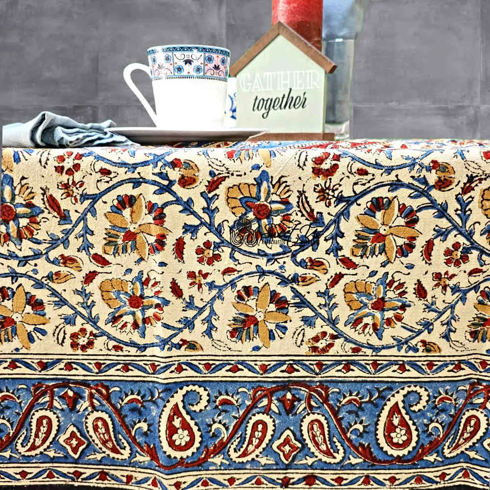 Vintage Paisley Block Print Cotton Floral Tablecloth Collection, Aqua Dusk