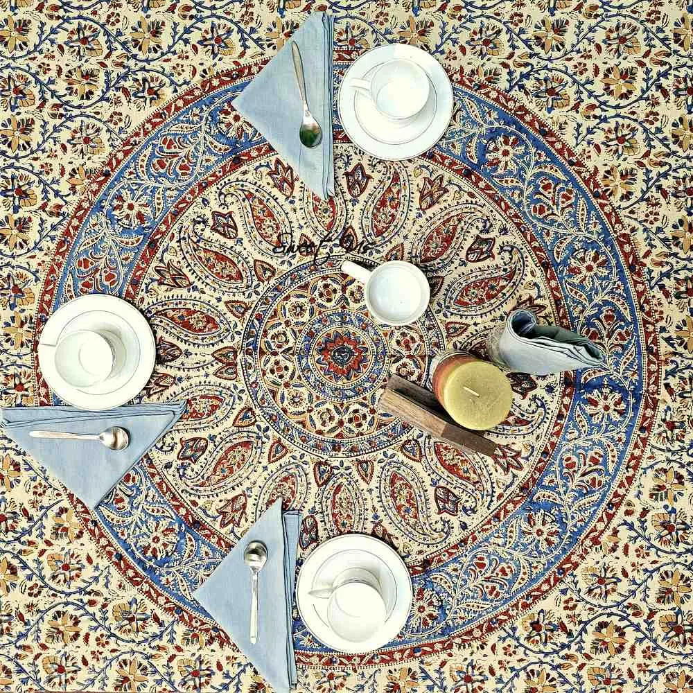 Vintage Paisley Block Print Cotton Floral Tablecloth Collection, Aqua Dusk