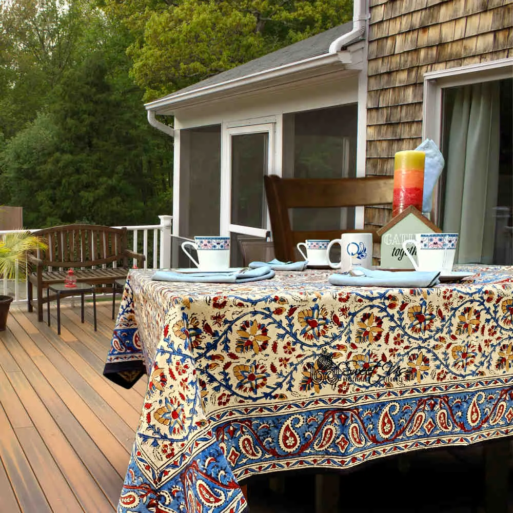 Vintage Paisley Block Print Cotton Floral Tablecloth Collection, Aqua Dusk
