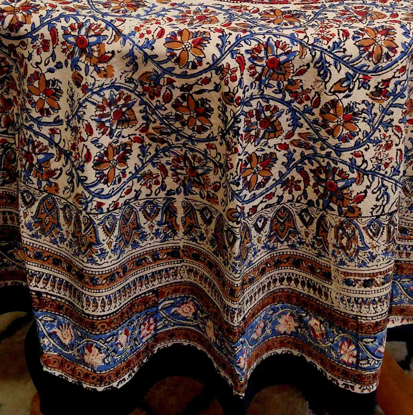 Vintage Paisley Block Print Cotton Floral Tablecloth Collection, Aqua Dusk