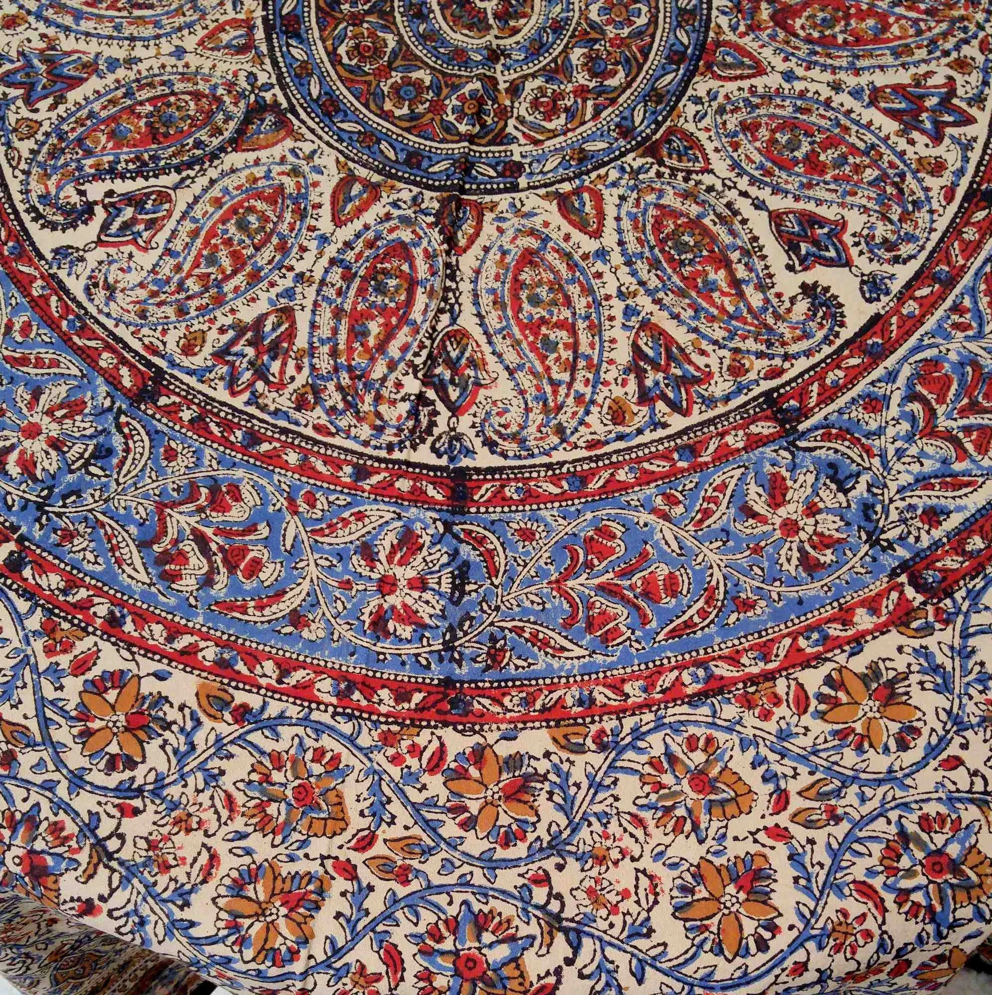 Vintage Paisley Block Print Cotton Floral Tablecloth Collection, Aqua Dusk