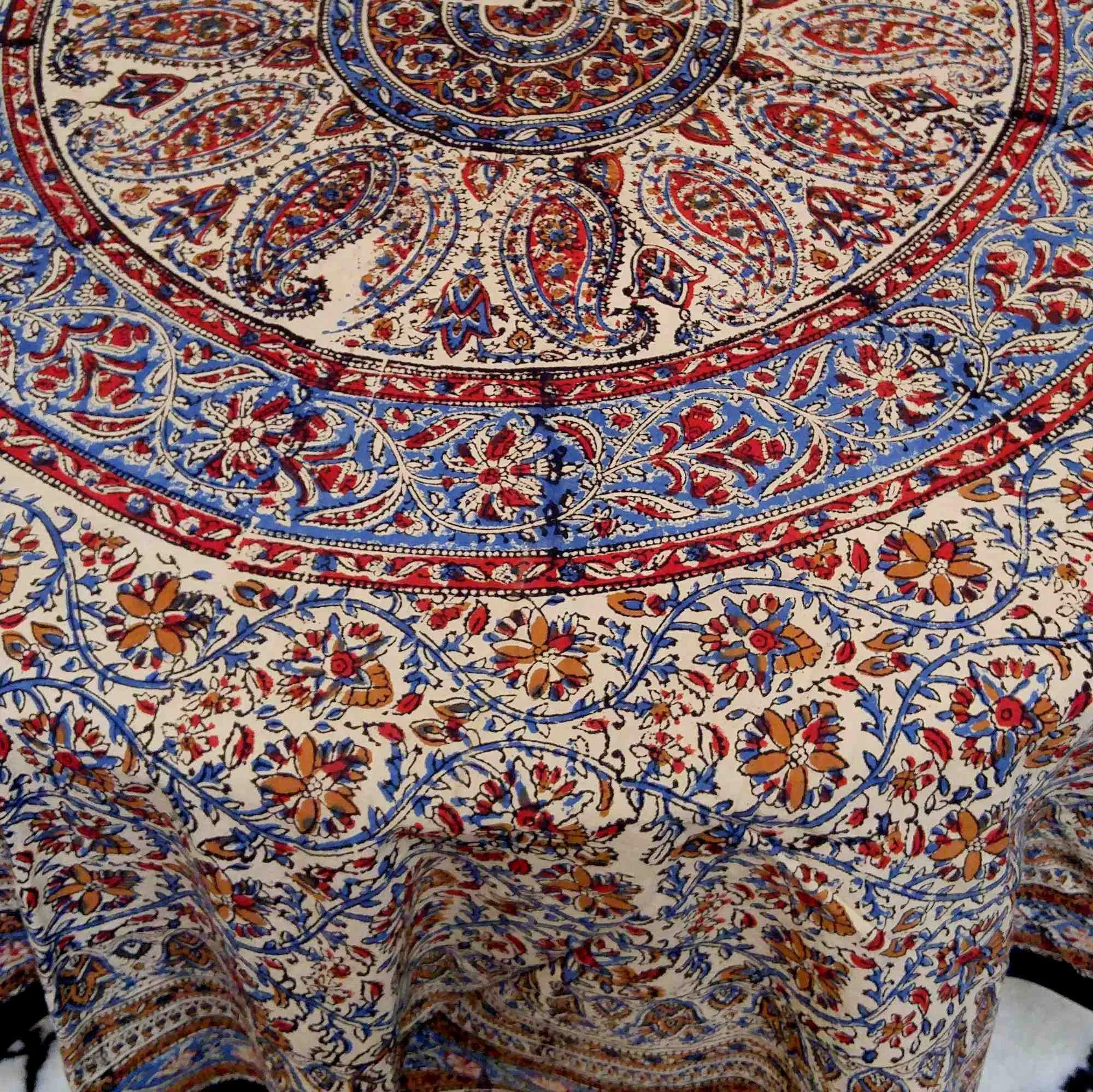 Vintage Paisley Block Print Cotton Floral Tablecloth Collection, Aqua Dusk