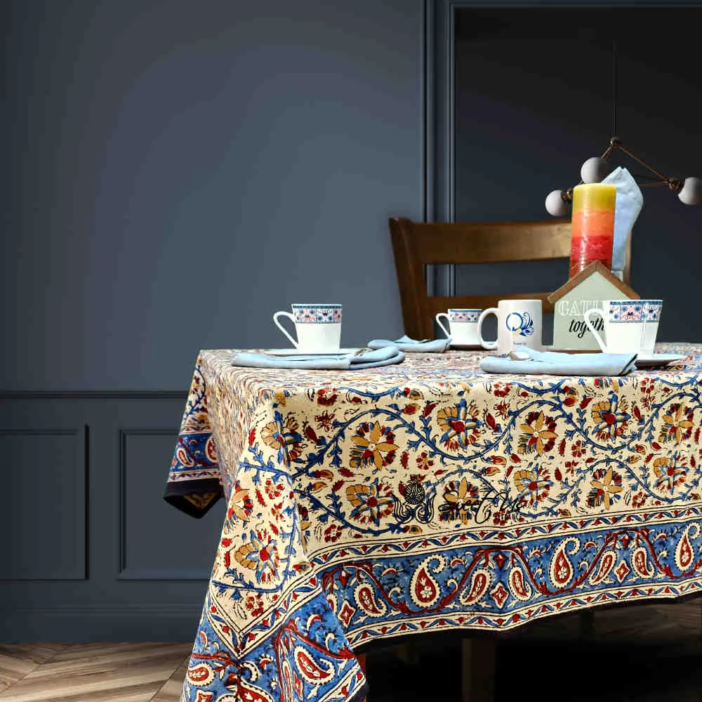 Vintage Paisley Block Print Cotton Floral Tablecloth Collection, Aqua Dusk