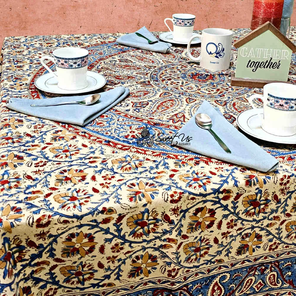 Vintage Paisley Block Print Cotton Floral Tablecloth Collection, Aqua Dusk